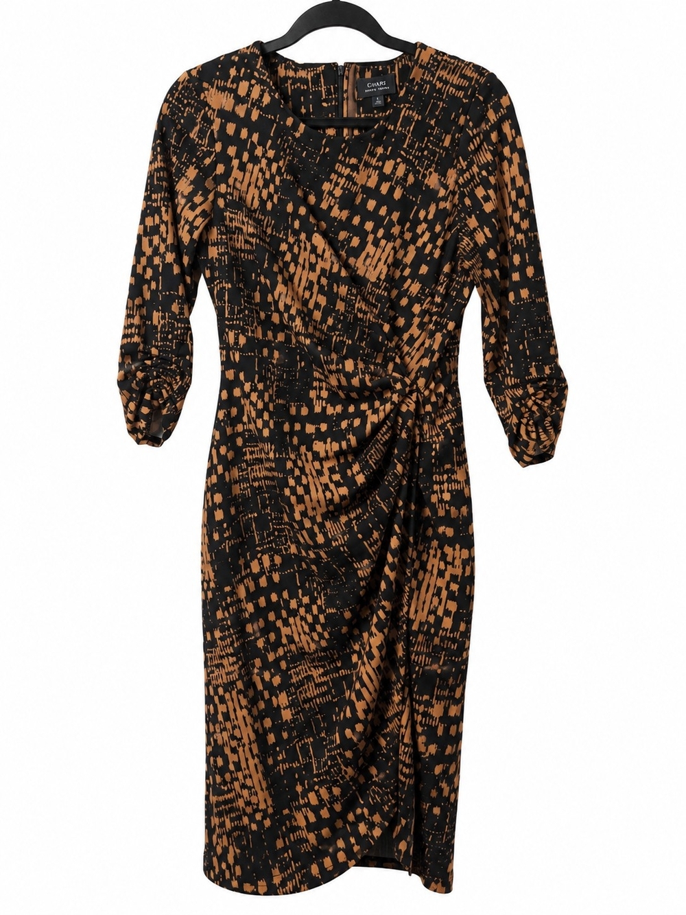 Tahari Black and Brown Abstract Faux-Wrap Midi Dress